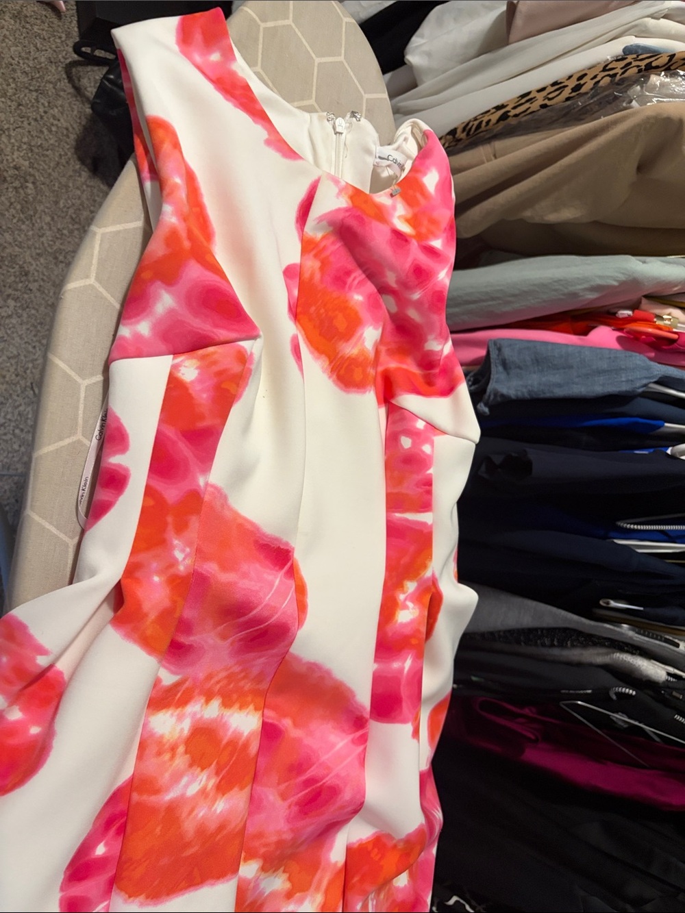 Calvin Klein Cream Midi Dress with Pink & Orange Floral Print